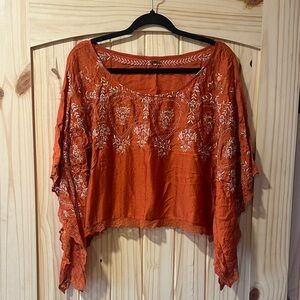 Free People Rust Embroidered Blouse